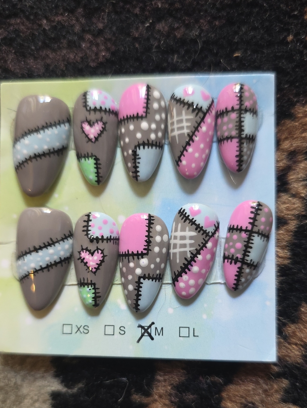 Patchwork Pink & Gray Press-On Nail Set Size Med
